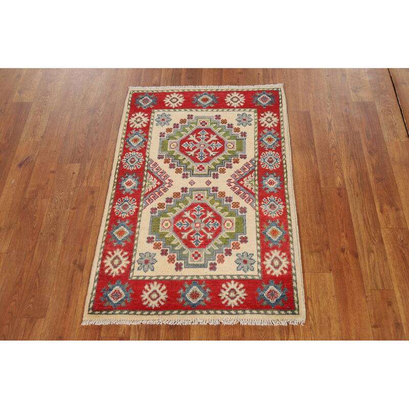 Ivory & Red Geometric Kazak Oriental Foyer Rug Handmade Wool Carpet - 2'0"x 3'0"