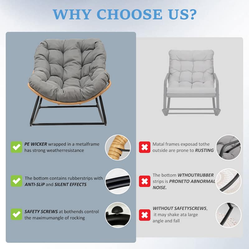 Outdoor Papasan Rocking Chair, Patio Chair Indoor Egg Royal Rattan Rocking Chair with Cushion - 33" W x 16.1" D x 29.9" H