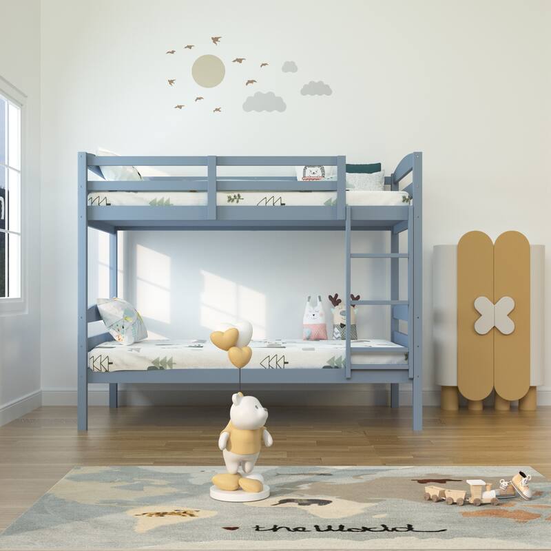 Modern Gray Solid Wood Twin Over Twin Bunk Bed with Ladder