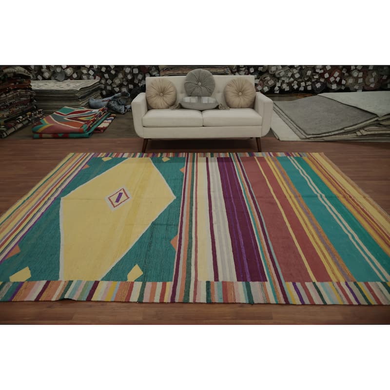 Hand Woven Oriental 100% Wool Carpet Southwestern Tribal Multi-Colored Kilim Area Rug - 10' 1'' X 8' 3''