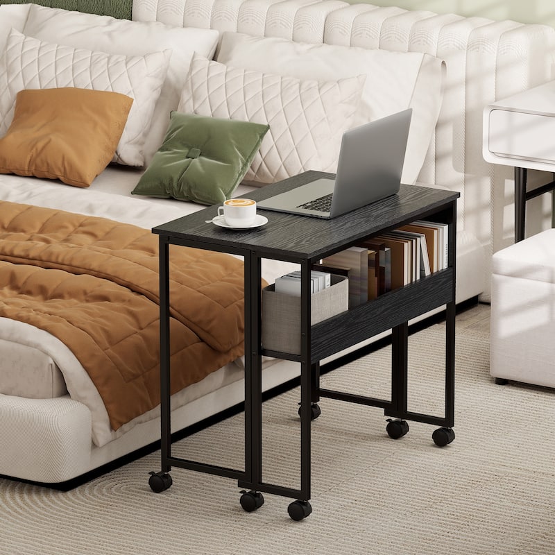 HOMCOM Small Folding Desk, Rolling Computer Desk Foldable with Storage Bag and Shelf, 31.5" Portable Writing Table on Wheels