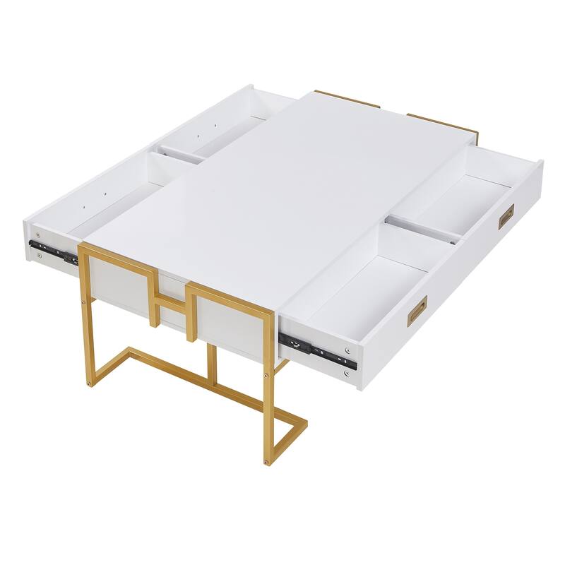 Roomfitters Modern Rectangular Coffee Table with Gold Base, 4 Storage Drawers, High Gloss Finish, 47.3"