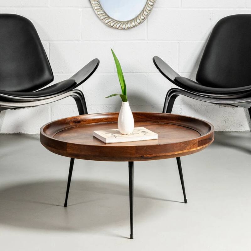 Round Mango Wood Coffee Table With Splayed Metal Legs, Brown and Black