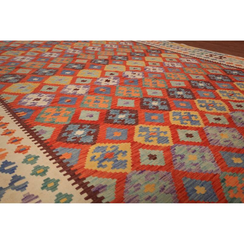 Orange Trellis Kilim Oriental Area Rug Hand-Woven Wool Carpet - 6'2" x 9'10"