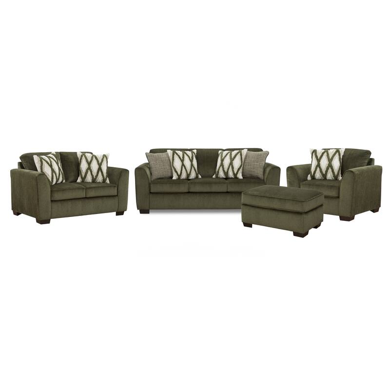 Roundhill Furniture Marvella 4-Piece Living Room Set, Sofa, Loveseat, Chair, and Ottoman with Mosswood Chenille Upholstery