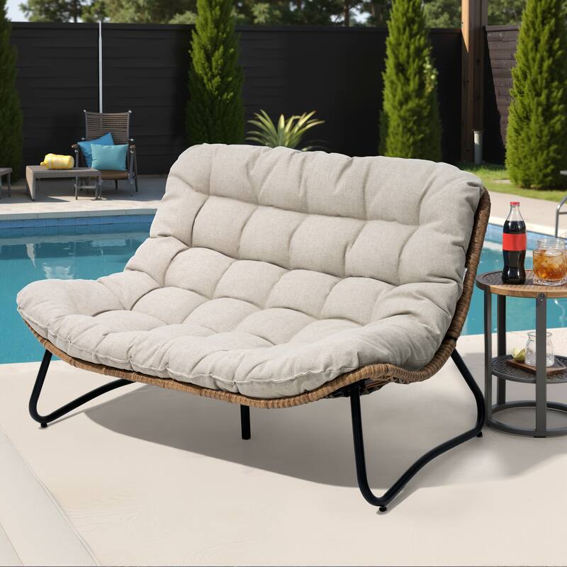 VredHom PE Rattan Double Papasan Chair Loveseat with Cushion for Indoor Outdoor