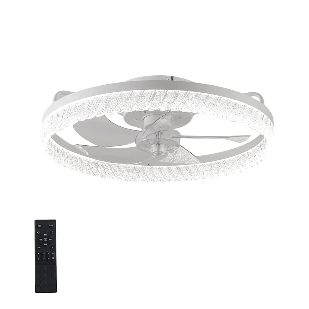 19" White Feather Bedroom Fan light with Remote Control, Dimmable, 7 Blades, Reversible DC Motor, with LED Light - Off White