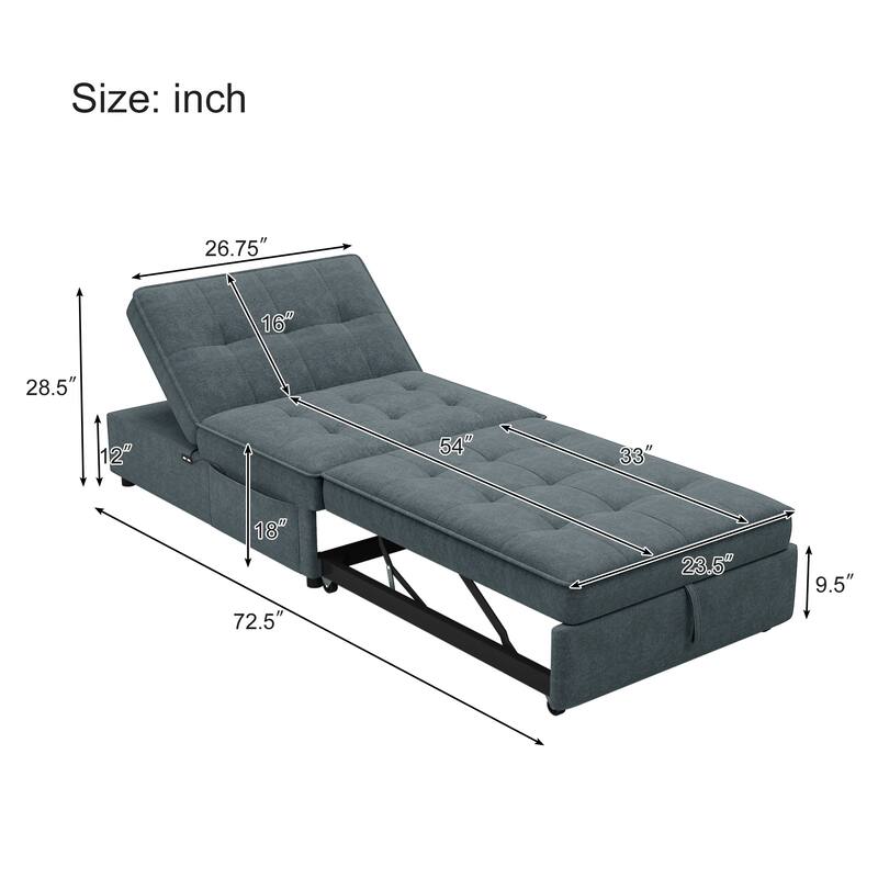 72.5" Linen 4-in-1 3-Seater Sleeper Sofa with 5-Level Adjustable Backrest And Storage Pocket