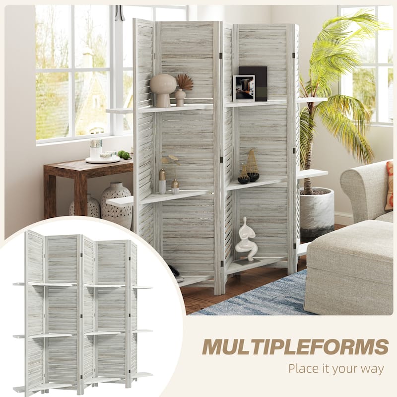 HOMCOM 5 Panel 67" Tall Wood Room Divider, Privacy Screen with 3 Display Shelves, and Folding Storage for Bedroom or Home Office