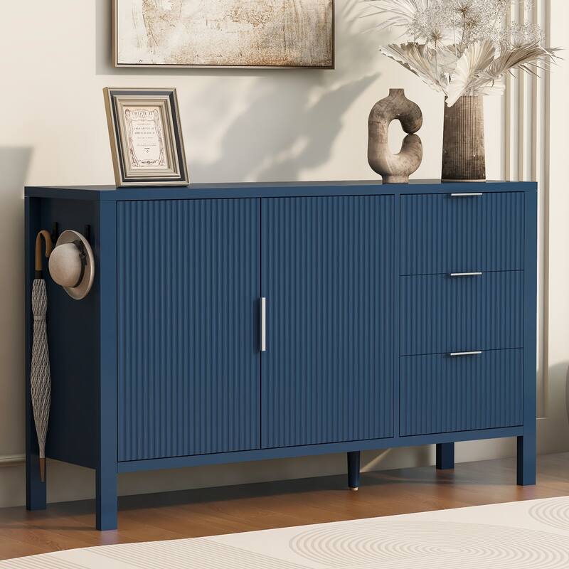 Modern Wave-Pattern Sideboard with 3 Drawers, Large Storage Buffet Cabinet with Hooks and Extra Center Leg, for Living Room - Navy Blue