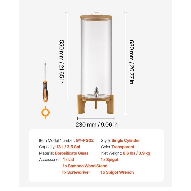 Transparent Borosilicate Glass Single Cylinder Beverage Dispenser 3.5 Gal with Wicker Stand - 9.06 x 9.06 x 26.77 in