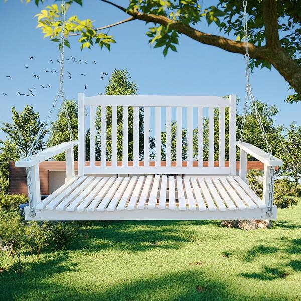 slide 2 of 7, Outdoor Patio Front White Porch Swing with Armrests and Hanging Chains