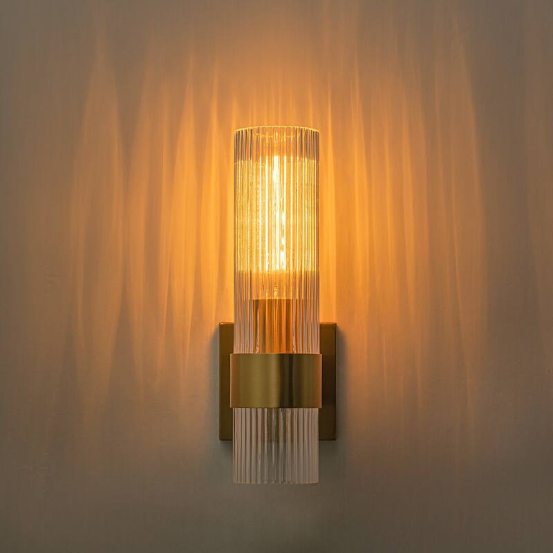 1-Light Modern Wall Sconce with Ribbed Glass Shade - Gold