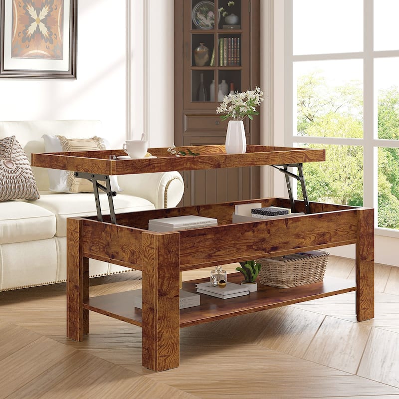 VECELO Lift Top Coffee Table with Hidden Storage and Open Shelves–Modern Center Table for Living Room and Small Spaces