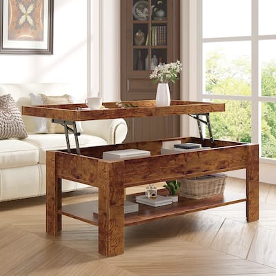 VECELO Lift Top Coffee Table with Hidden Storage and Open Shelves–Modern Center Table for Living Room and Small Spaces
