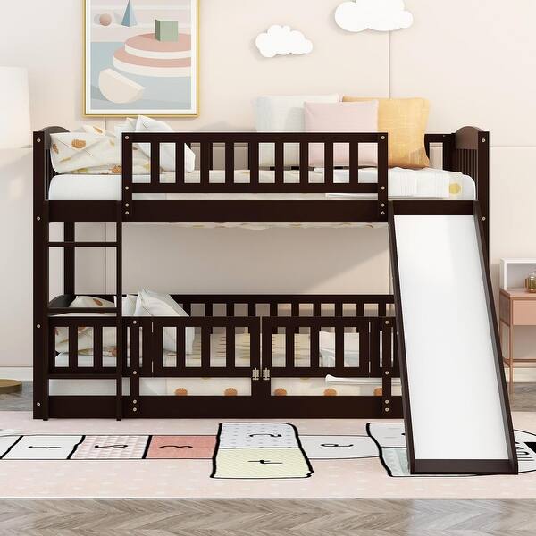 slide 2 of 26, Stylish & Playful Design Wood Bunk Bed with Slide, Fence and Ladder, Sturdy and Durable Frame Espresso