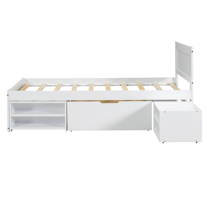 Modern Style Platform Bed with Drawer and Two Double-layer Storage Shelves for Bedroom