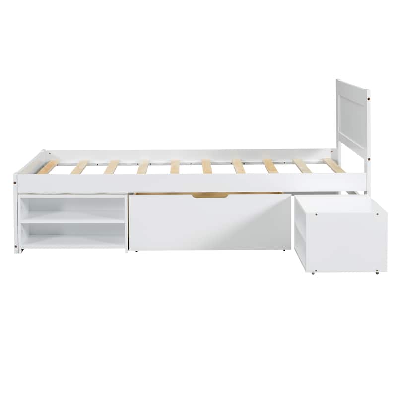 Twin Size Platform Bed With Drawer And Two Shelves