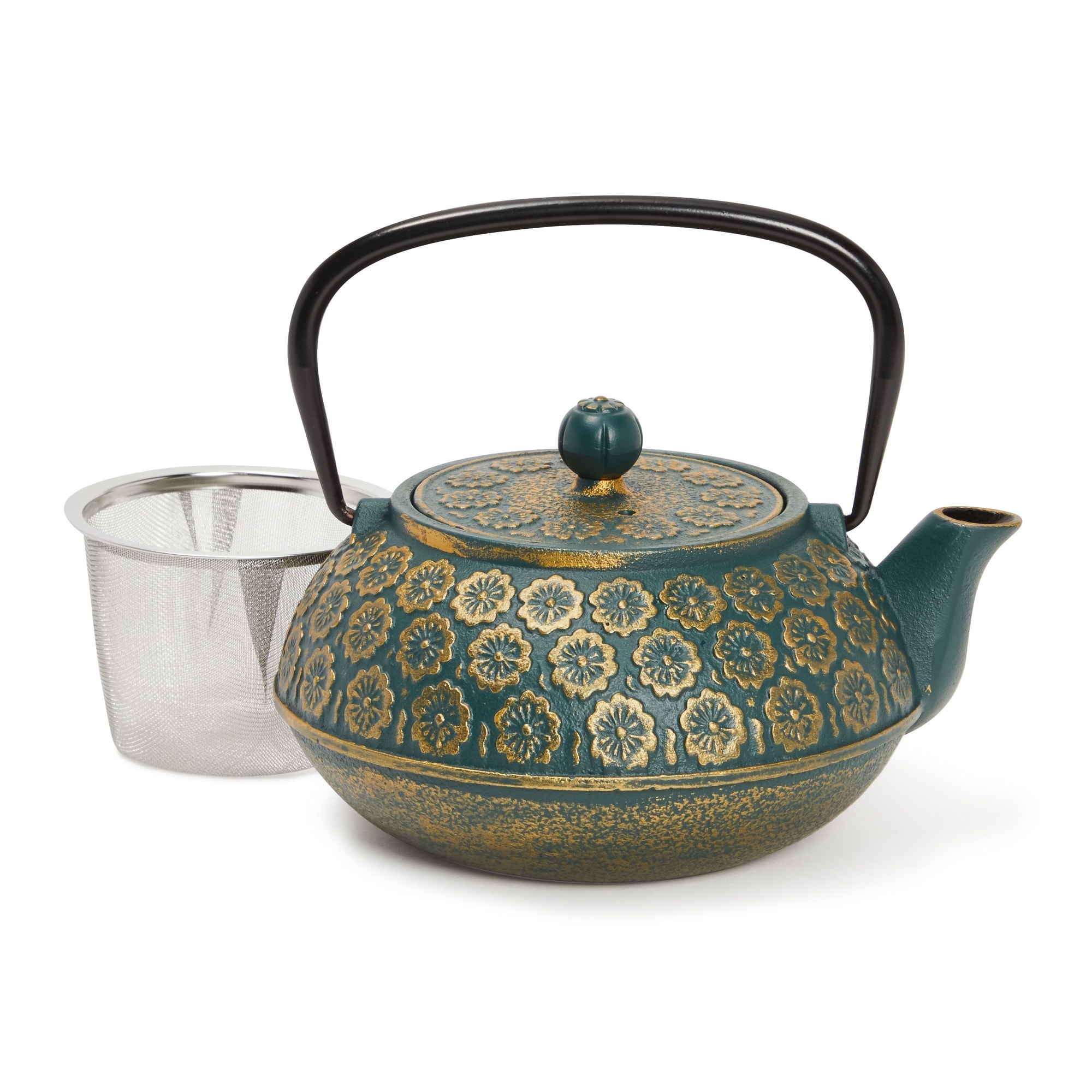 Green Floral Cast Iron Teapot Kettle with Stainless Steel Loose Leaf Infuser 34 oz
