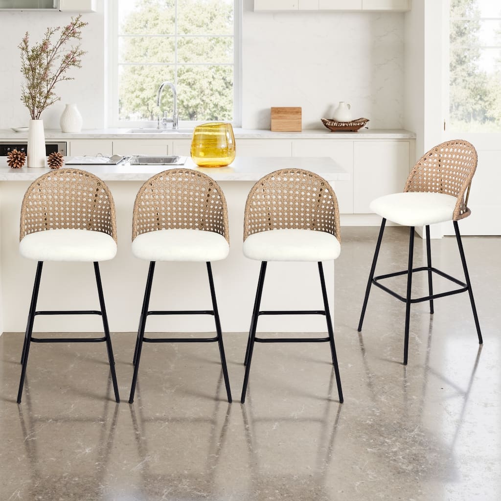 Coastal Rattan Back Counter Height Upholstered Bar Stools