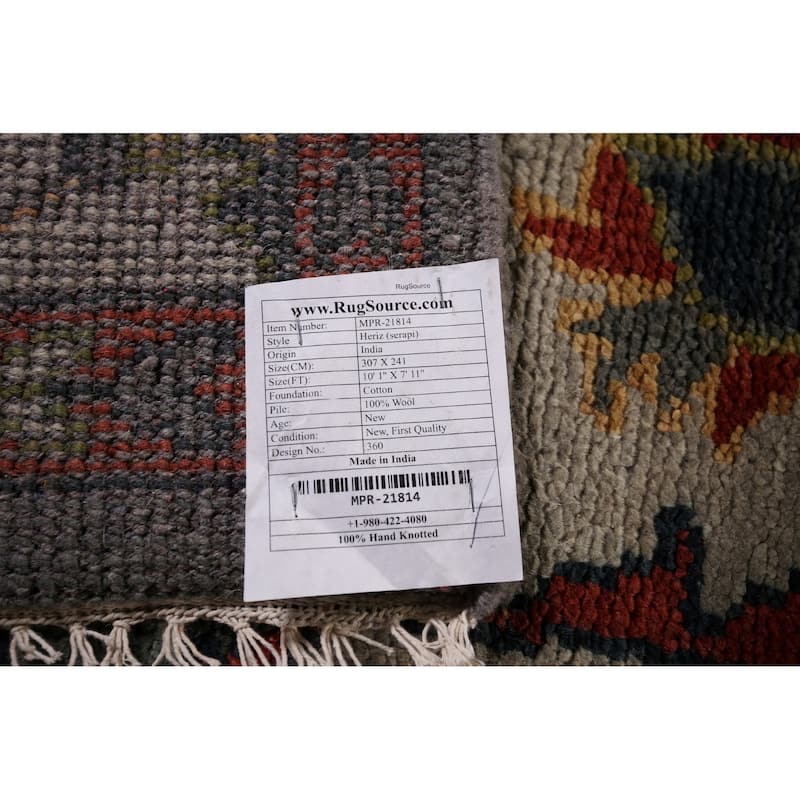 Geometric Heriz Serapi Area Rug Hand-Knotted Grey Wool Carpet - 7'11"x 10'1"