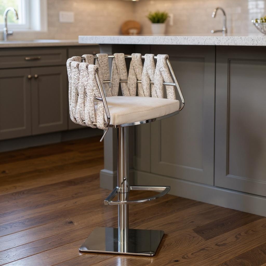 HomeRoots Off White and Silver Faux Leather Linen and Steel Low Back Adjustable Height Swivel Bar Chair