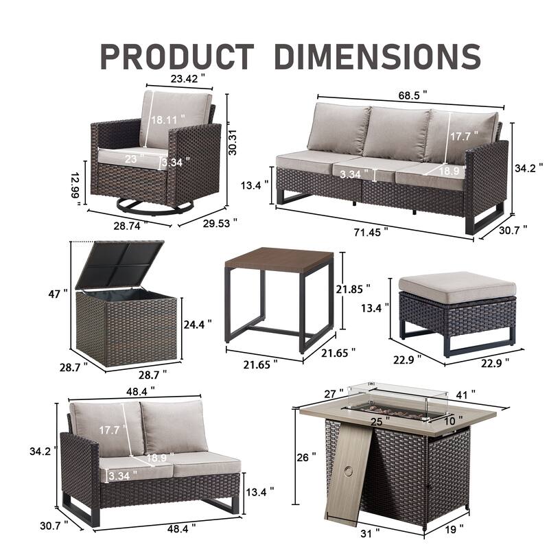 Gymojoy 9 Piece All-Weather Wicker Outdoor Patio Family Conversation Set Group With Fire Pit Table