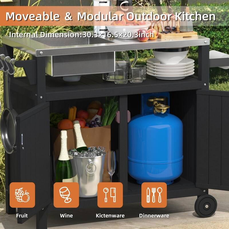 HDPE Outdoor Grill Cart with Sink,Cabinet and Cover, 42 inch Freestanding Modular Kitchen Sink Station in 304 Stainless Steel
