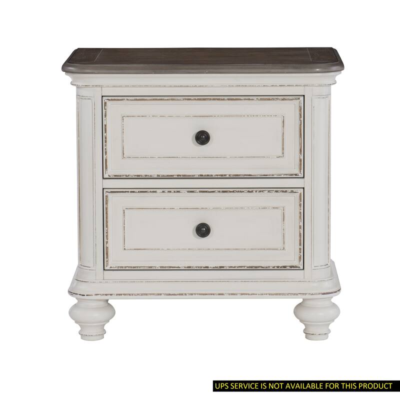 Antique White & Brown-Gray Nightstand, Drawers, Black Knobs, Traditional Design