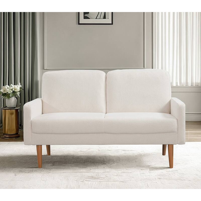 Velvet Upholstered Loveseat Sofa, Small Loveseat Sofa Couch with Rubber Wood Legs, 2 Seater Couch with Throw Pillow - Ivory