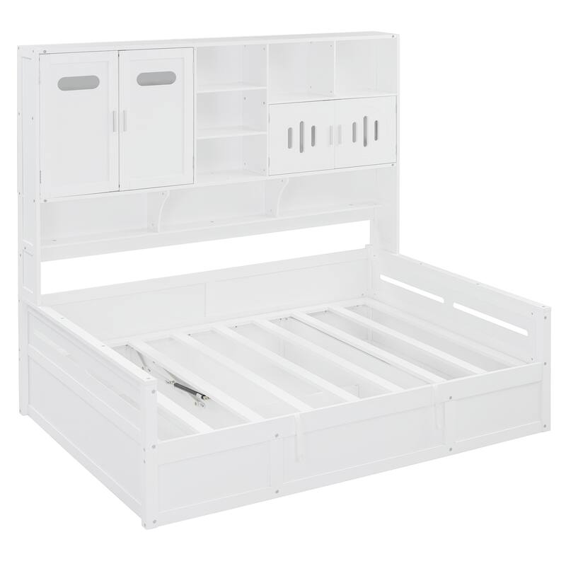 Wooden Daybed Storage Platform Bed with All-in-One Cabinet and Shelf, 10 Slats Multi-Functional Space-Optimizing Bed Frame