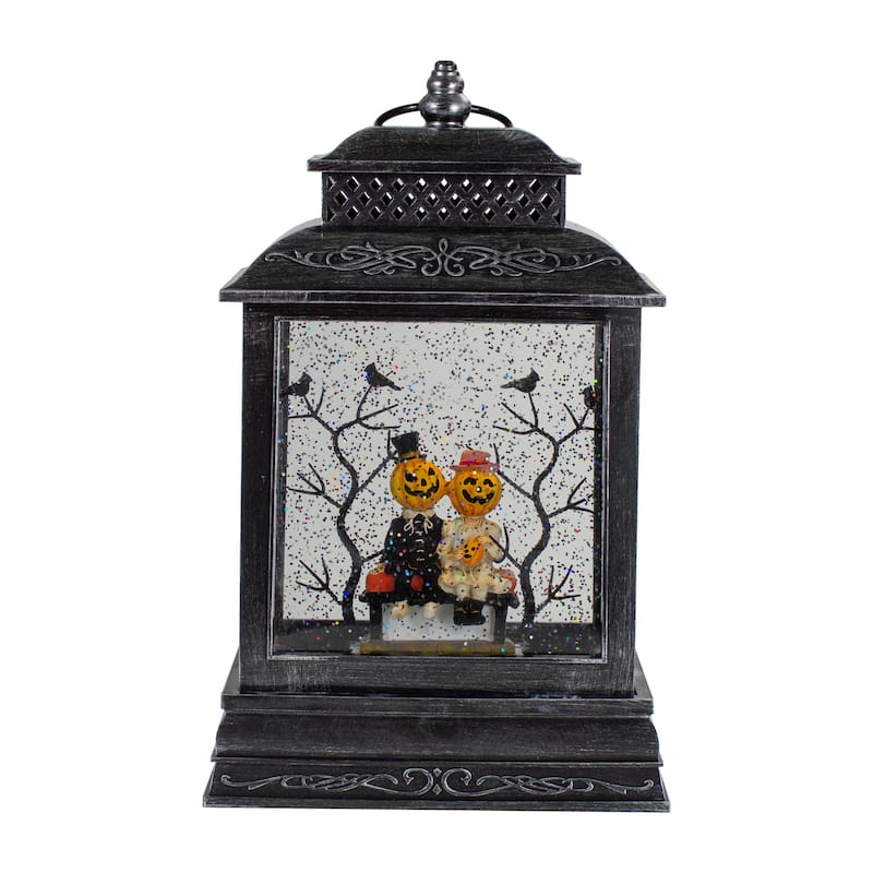 11.5"Lighted Black Halloween Snow Globe Lantern with Pumpkin Couple - 11.5"