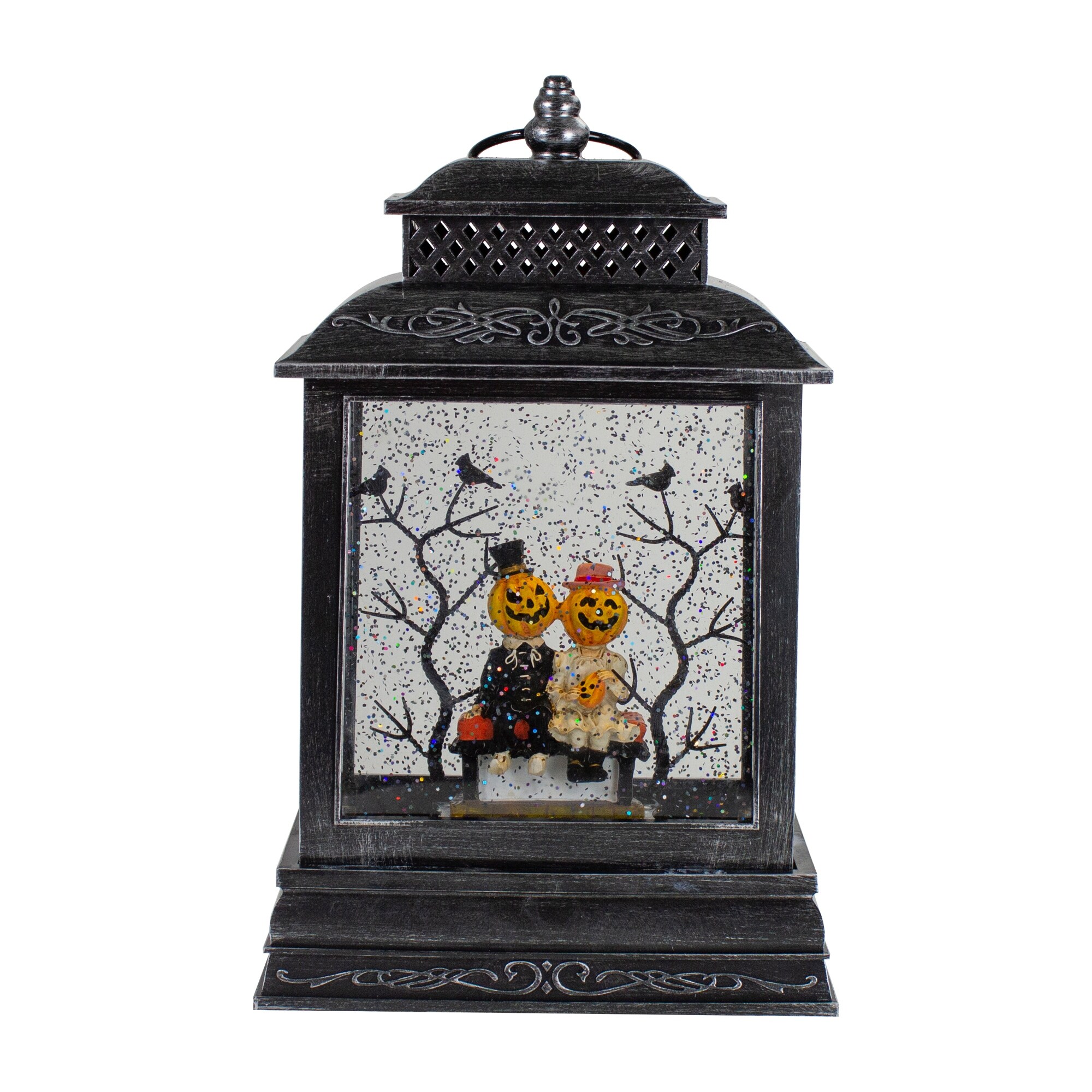 11.5"Lighted Black Halloween Snow Globe Lantern with Pumpkin Couple - 11.5"