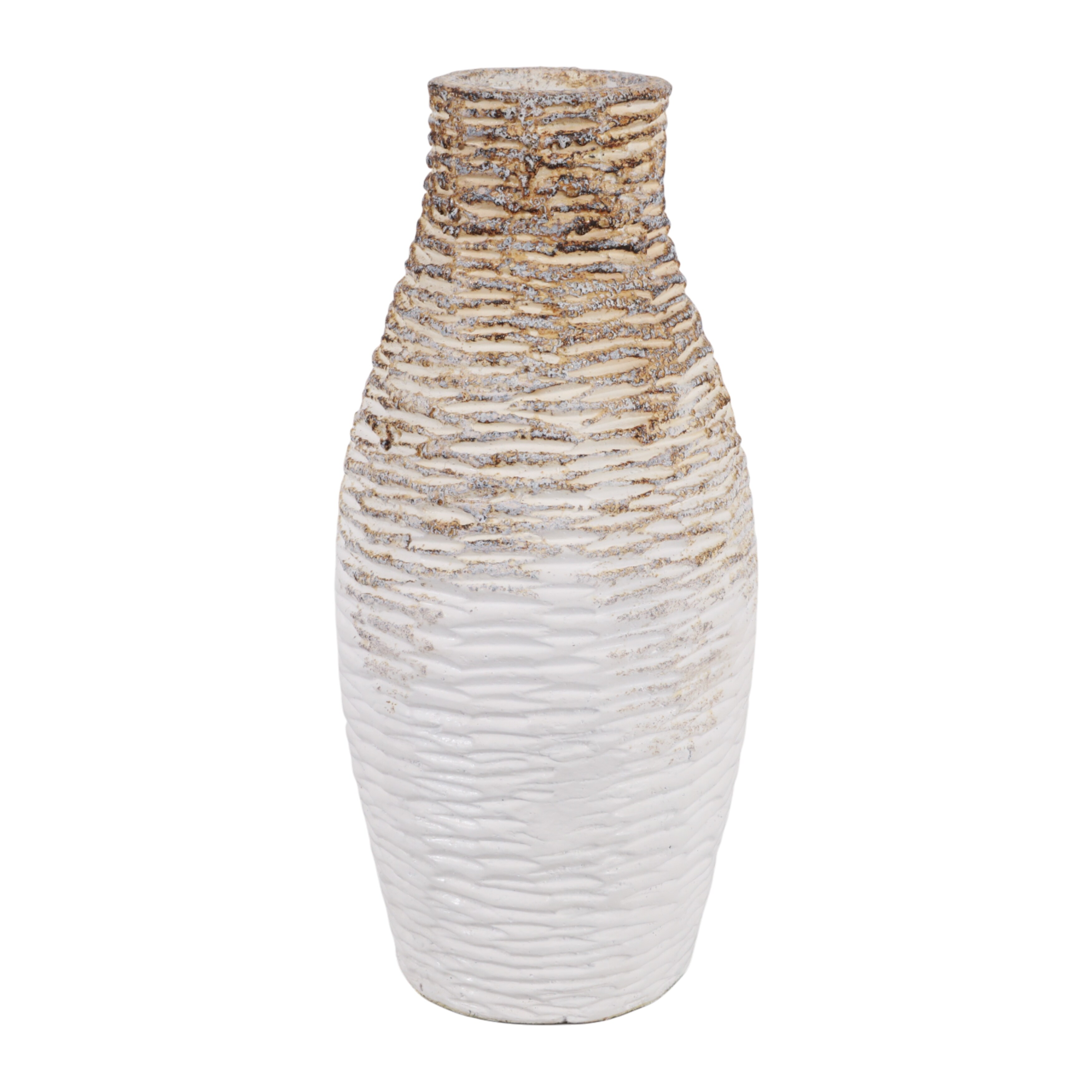 Decorative Vase - White/Brown Ceramic Tall Textured, 16 in.