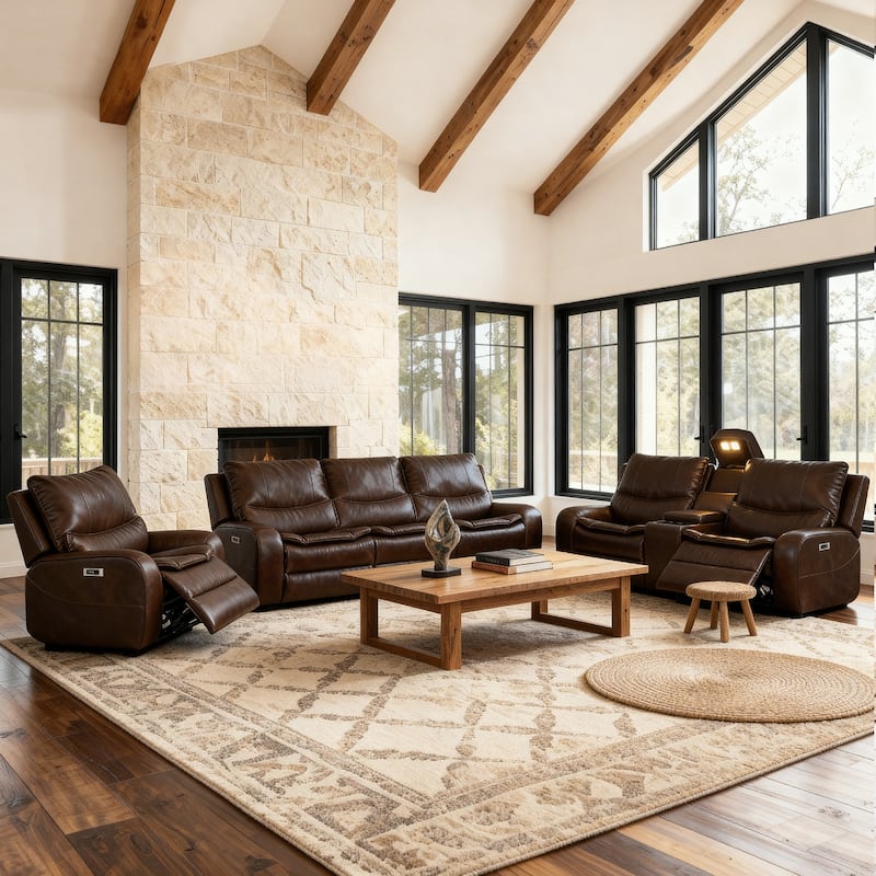 3-Piece Faux Leather Sofa Set with Double Width Seat, Power Recliner, Loveseat & Sofa, Wireless charging and Reading Lamp - Dark Brown