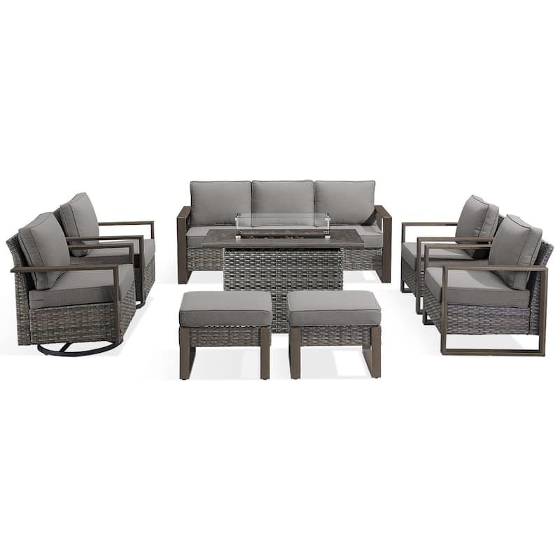 Meyreso Wicker Outdoor Patio Fire Pit Set with Swivel Gliders and Olefin Cushions