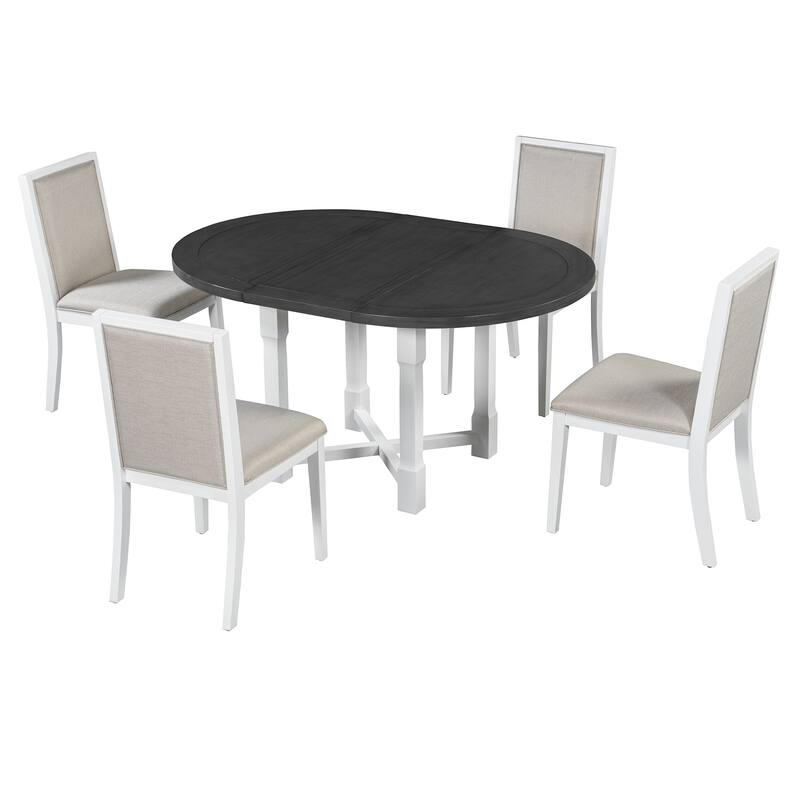 5-Piece Extendable Dining Table Set for 4, Round Dining Table for 4 with Upholstered Chairs, Farmhouse Kitchen Table Set