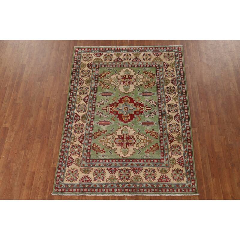 Light Green Geometric Kazak Area Rug Handmade Wool Carpet - 5'0" x 7'0"