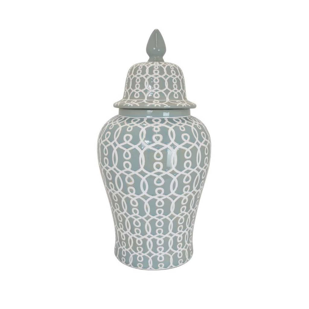 Deni 33 Inch Temple Jar, Removable Lid, Carved Pattern, Ceramic, Mint Green