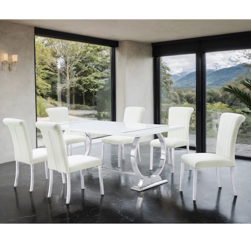 Furniture of America Carra Modern 7-Piece Stainless Steel Dining Table Set - Silver/White