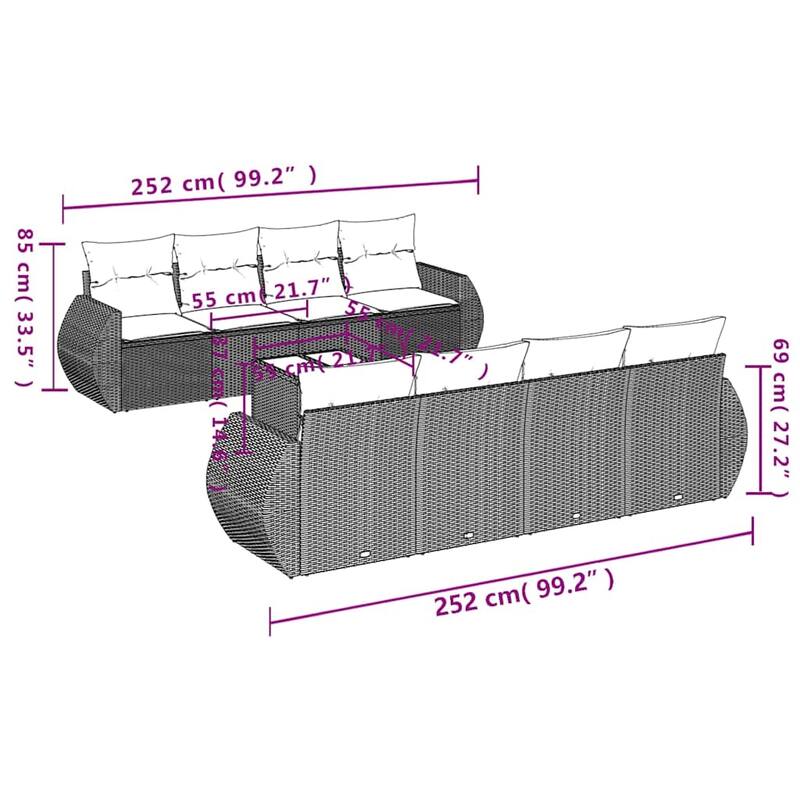 vidaXL Patio Sofa Set with Cushions Outdoor Furniture 9 Piece Poly Rattan - 21.7 x 24.4 x 27.2