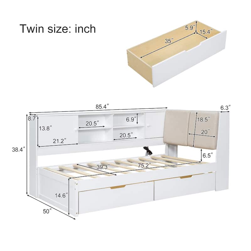 L-shaped Daybed Wooden Corner Sofa Bed Frame with Sliding Doors Bookcase Captains Bed, Upholstered Headboard Built-in Storage