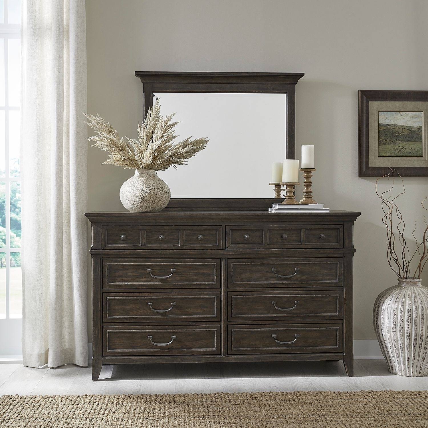 Liberty Furniture Paradise Valley Bedroom 8 Drawer Dresser & Optional Mirror Saddle Brown
