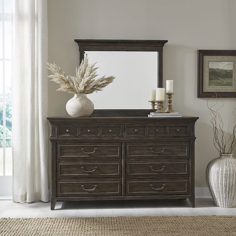 Paradise Valley Saddle Brown Upholstered Bed, Dresser and Mirror Set
