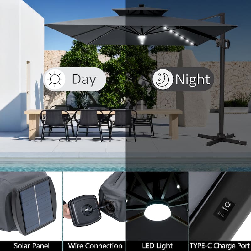 Pellebant 9x11FT Outdoor Dual Top Cantilever Patio Umbrella LED Light