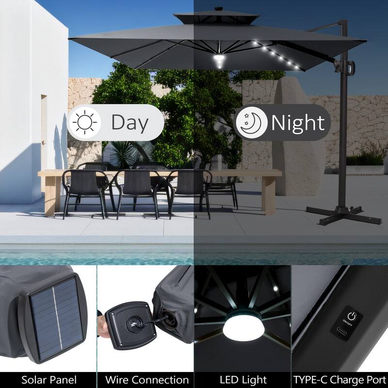 VredHom 9 x 11ft Outdoor Rectangular Dual Top Cantilever Patio Umbrella LED Light with HDPE Base