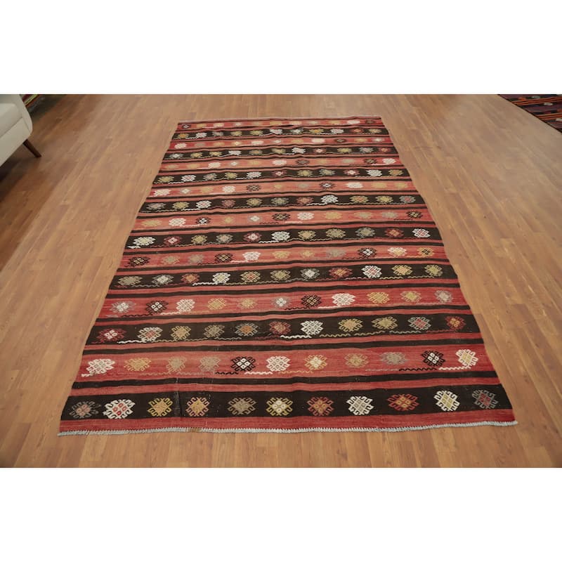 Hand Woven Oriental 100% Wool Carpet Southwestern Tribal Oranges & Rust Kilim Area Rug - 9' 4'' X 6' 1''