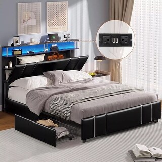 Full Size LED Bed Frame with Storage Headboard Modern Upholstered - Bed ...
