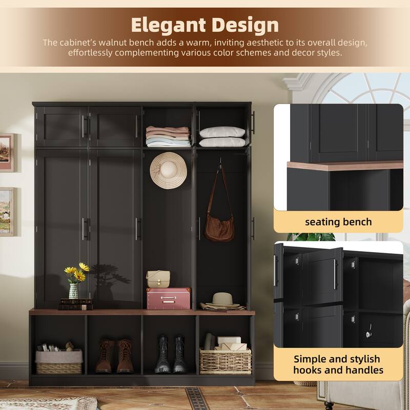 75"H Hall Tree with Walnut Storage Bench，Entryway Shoe Cabinet with Open Compartments and 8 Doors, 4 Hidden Hanging Hooks