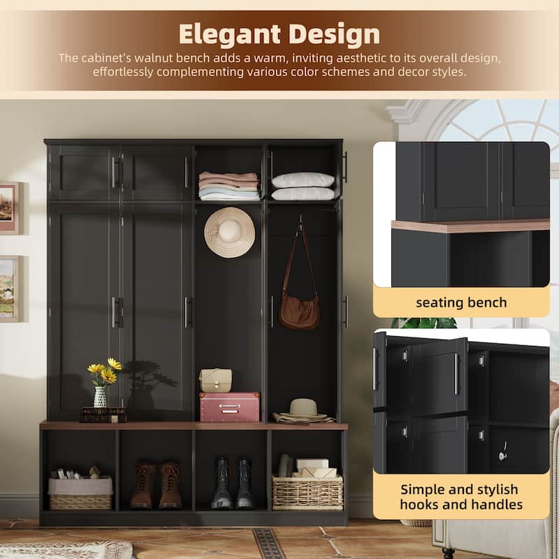 Farmhouse Hall Tree with 4 Hidden Hanging Hooks, Versatile Walnut Seating Bench with 8 Doors, Entryway Shoe Cabinet